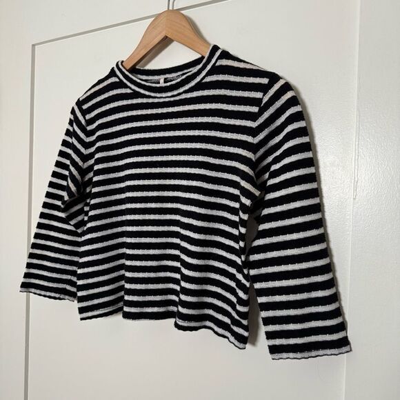 Free People Top Womens Size M Cropped Striped Ribbed 3/4 Sleeve Stretch Nautical - Picture 2 of 10